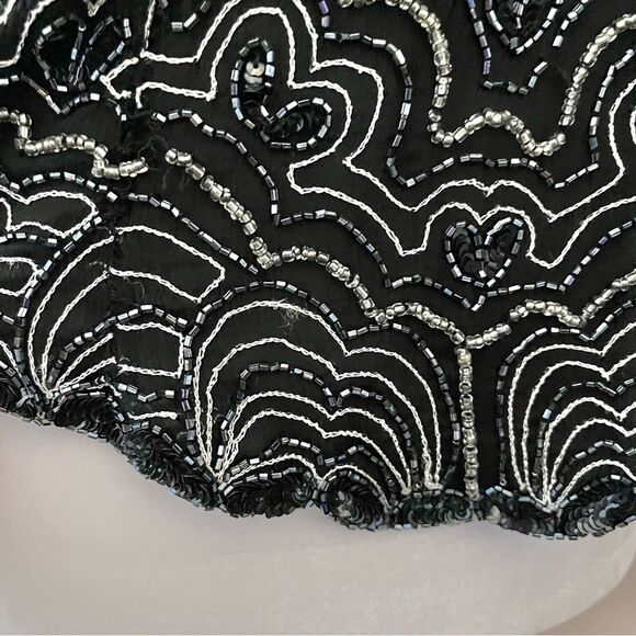 Papell Boutique Evening Beaded Formal Halter Top Black Silver Silk Flowers Large - Picture 3 of 7